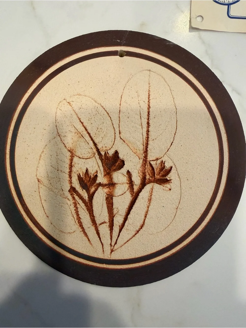 Blue Moon Bun Bread Warmer Pottery Disc 5” Hancrafted USA Pressed Flower Design